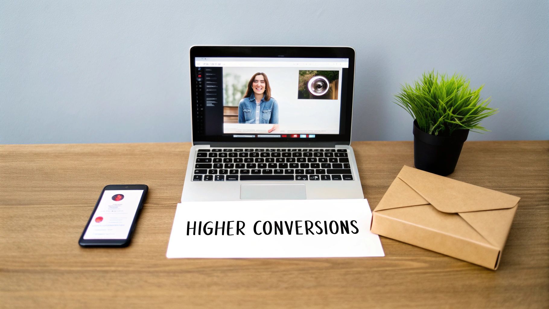 A desk with a laptop showing a video call, a smartphone, a note reading 'HIGHER CONVERSIONS', and a plant.