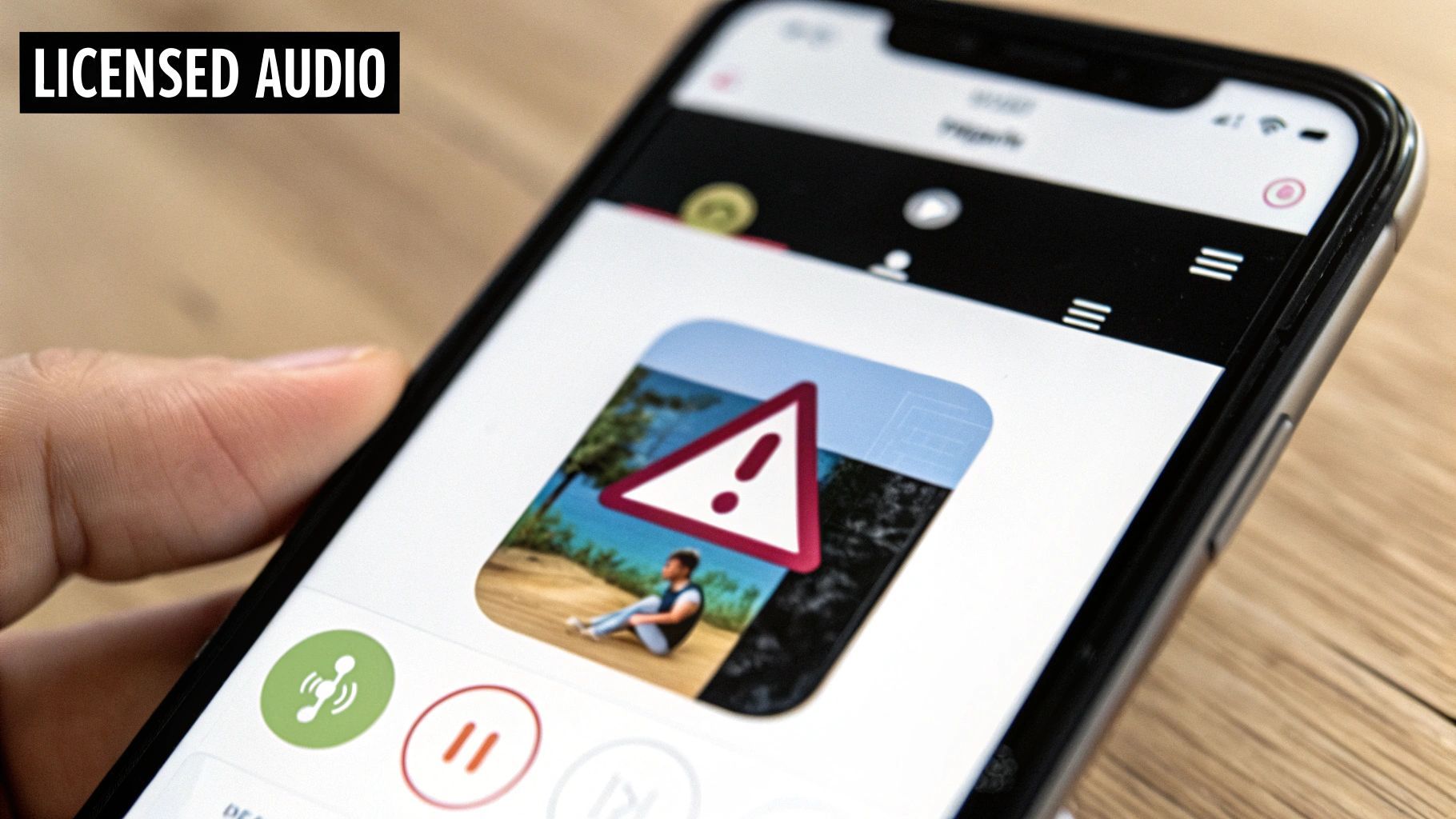 O mână ține un smartphone care afișează o aplicație mobilă cu un simbol de avertisment peste o imagine și controale audio.