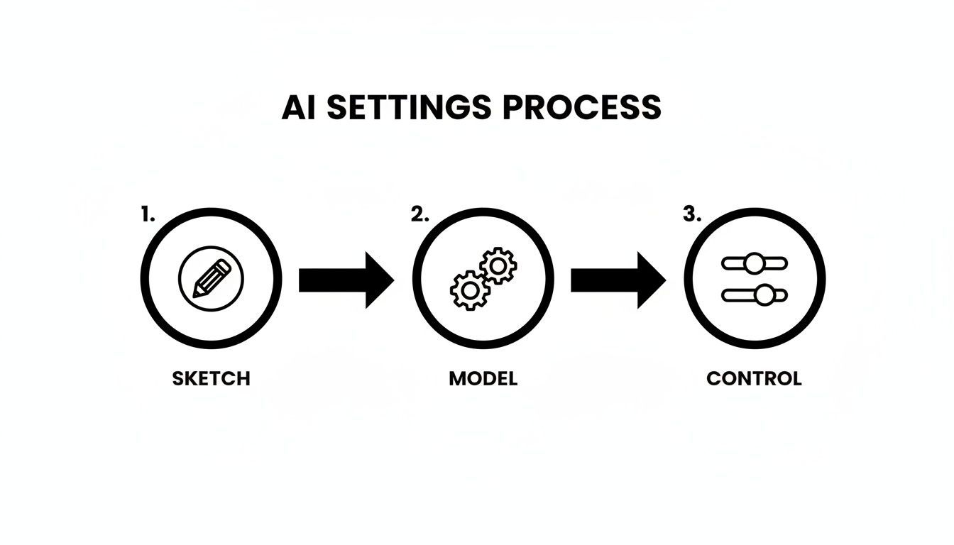 A visual diagram illustrating the AI settings process, from sketch to model and control stages.