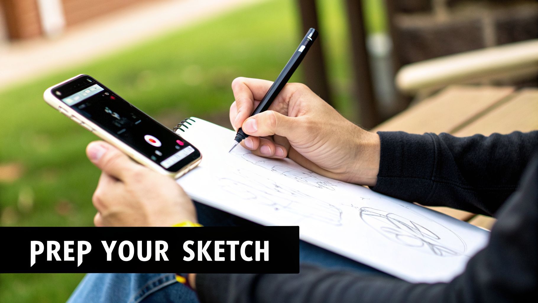 A person sketches in a notebook with a pen, holding a smartphone displaying an app.