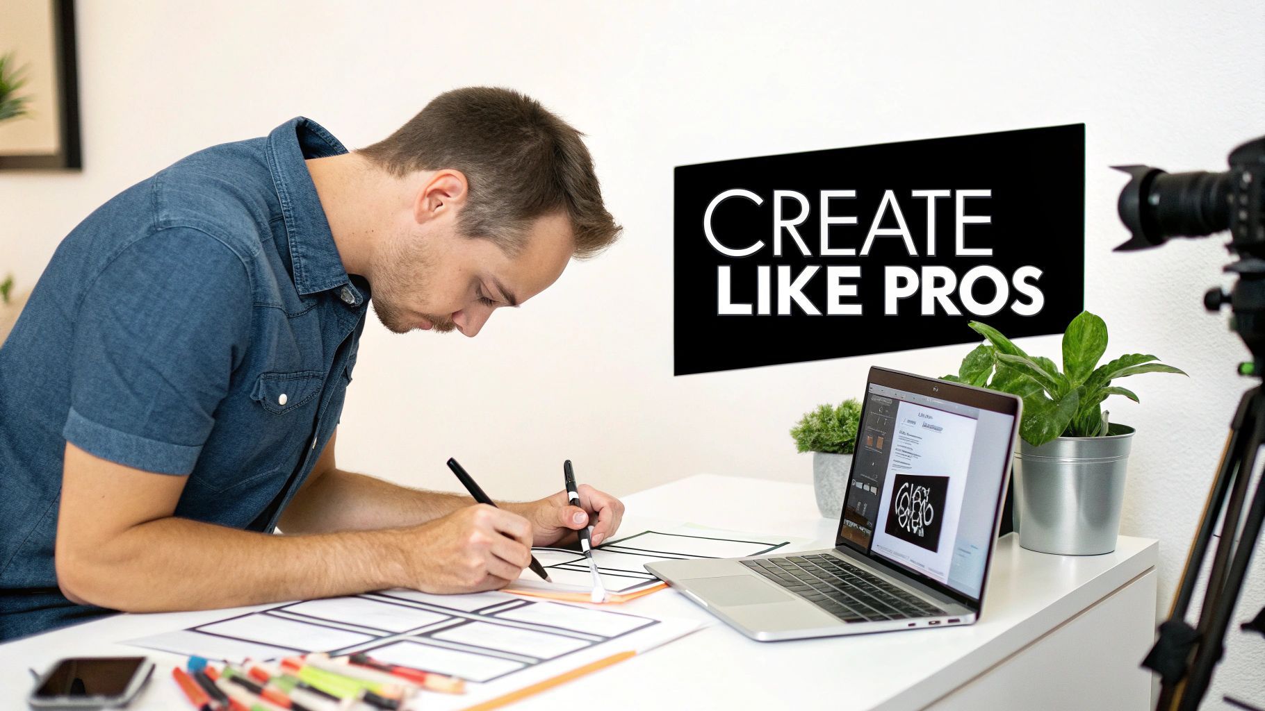 Un home dibuixa guions gràfics en un escriptori amb un portàtil i un rètol de 'CREATE LIKE PROS', filmant un tutorial.