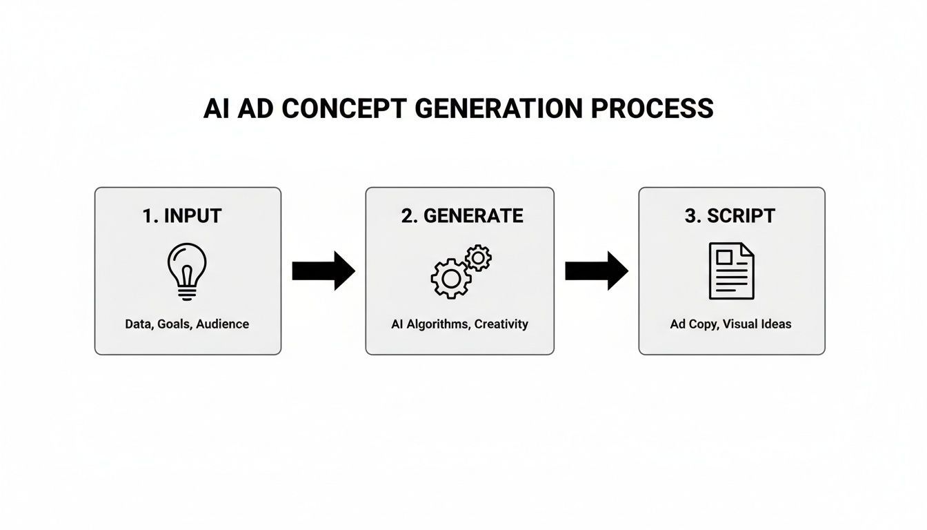 Un flowchart illustrant le processus de génération de concept publicitaire IA avec trois étapes : Input, Generate, et Script.