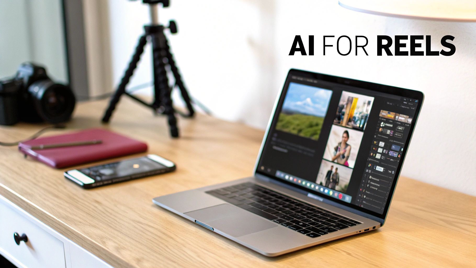 Un ordinateur portable affichant un éditeur d’images avec le texte « AI FOR REELS » sur un bureau en bois avec un appareil photo et un téléphone.