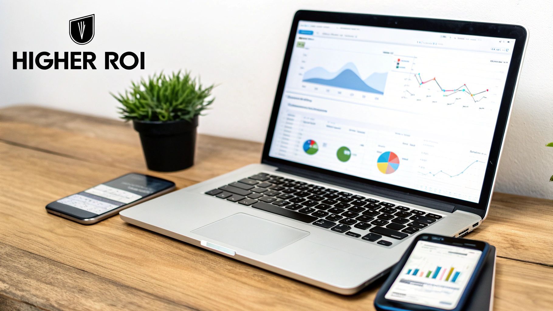 Գրասեղան, որի վրա լ্যապտոպ է ցուցադրում տվյալների վերլուծության վահանակներ գծապատկերներով և գրաֆիկներով, շրջապատված երկու սմարթֆոններով և բույսով, փայտե գրասեղանի վրա «HIGHER ROI» լոգոյով.