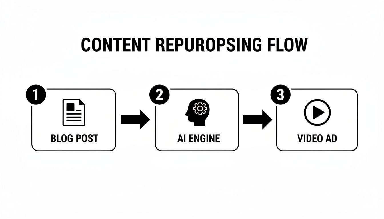 Diagrama de flux mostrant com l'IA pot reaprofitar un post de blog en un anunci de vídeo.