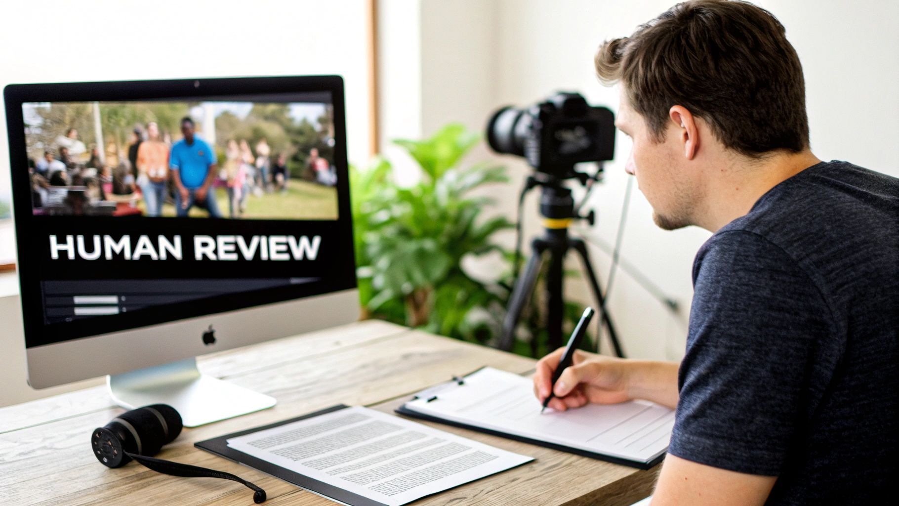 Un home repassa contingut de vídeo en una pantalla d'ordinador que mostra "HUMAN REVIEW" mentre pren notes.