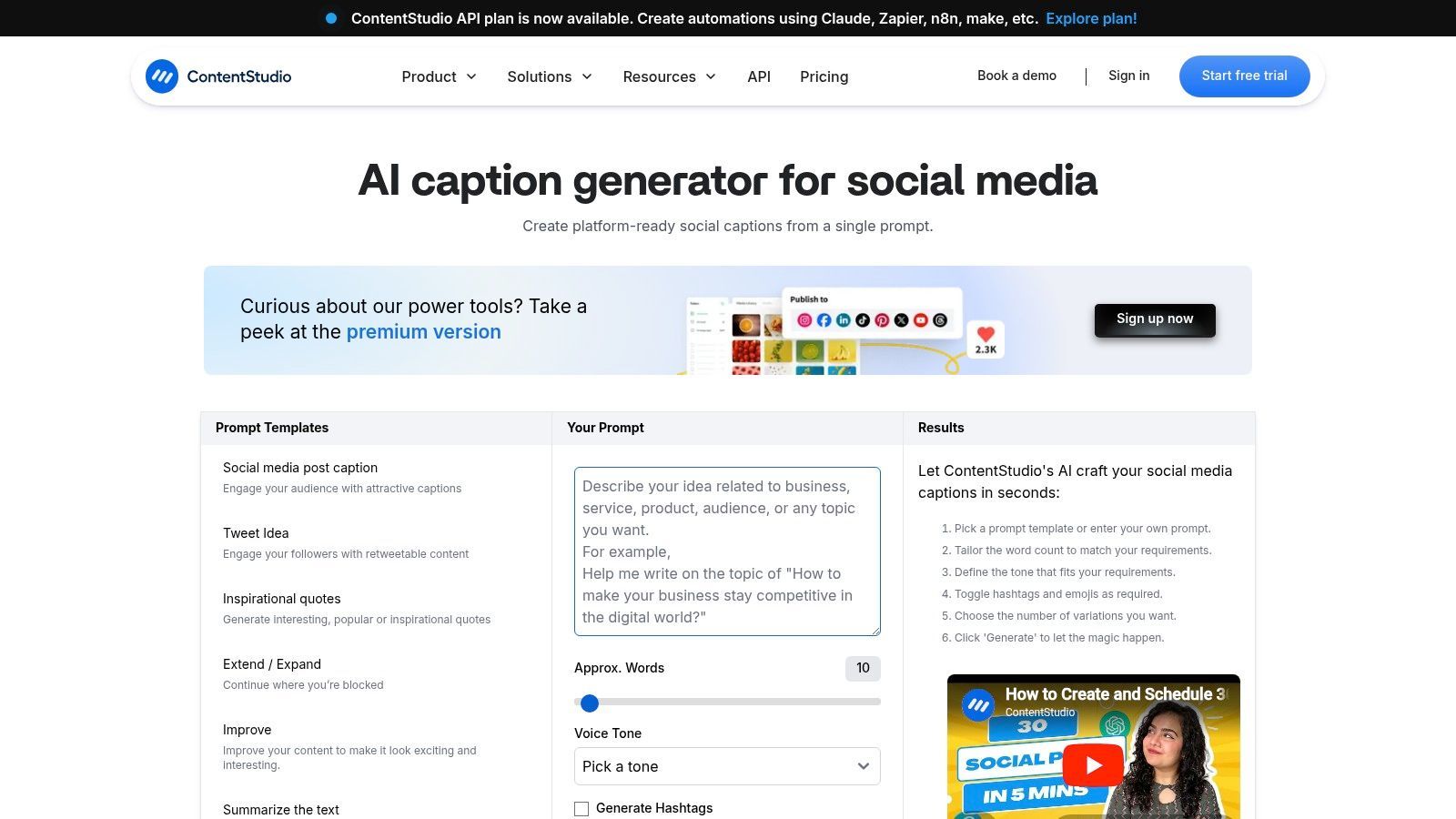 ContentStudio – Free AI Social Caption Generator (tool) + Platform
