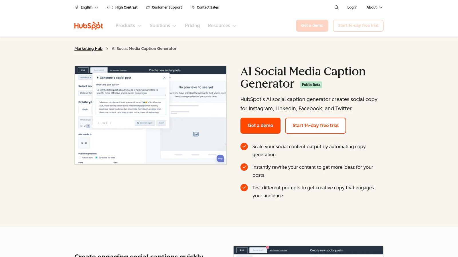 HubSpot – Free AI Social Caption Generator