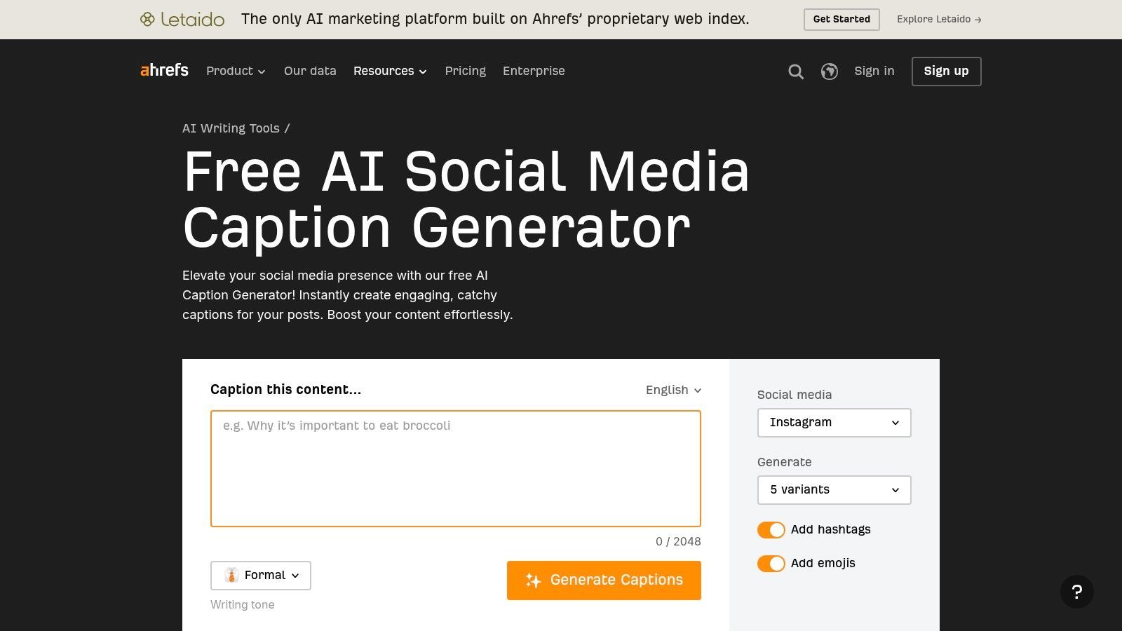 Ahrefs – Free AI Social Media Caption Generator
