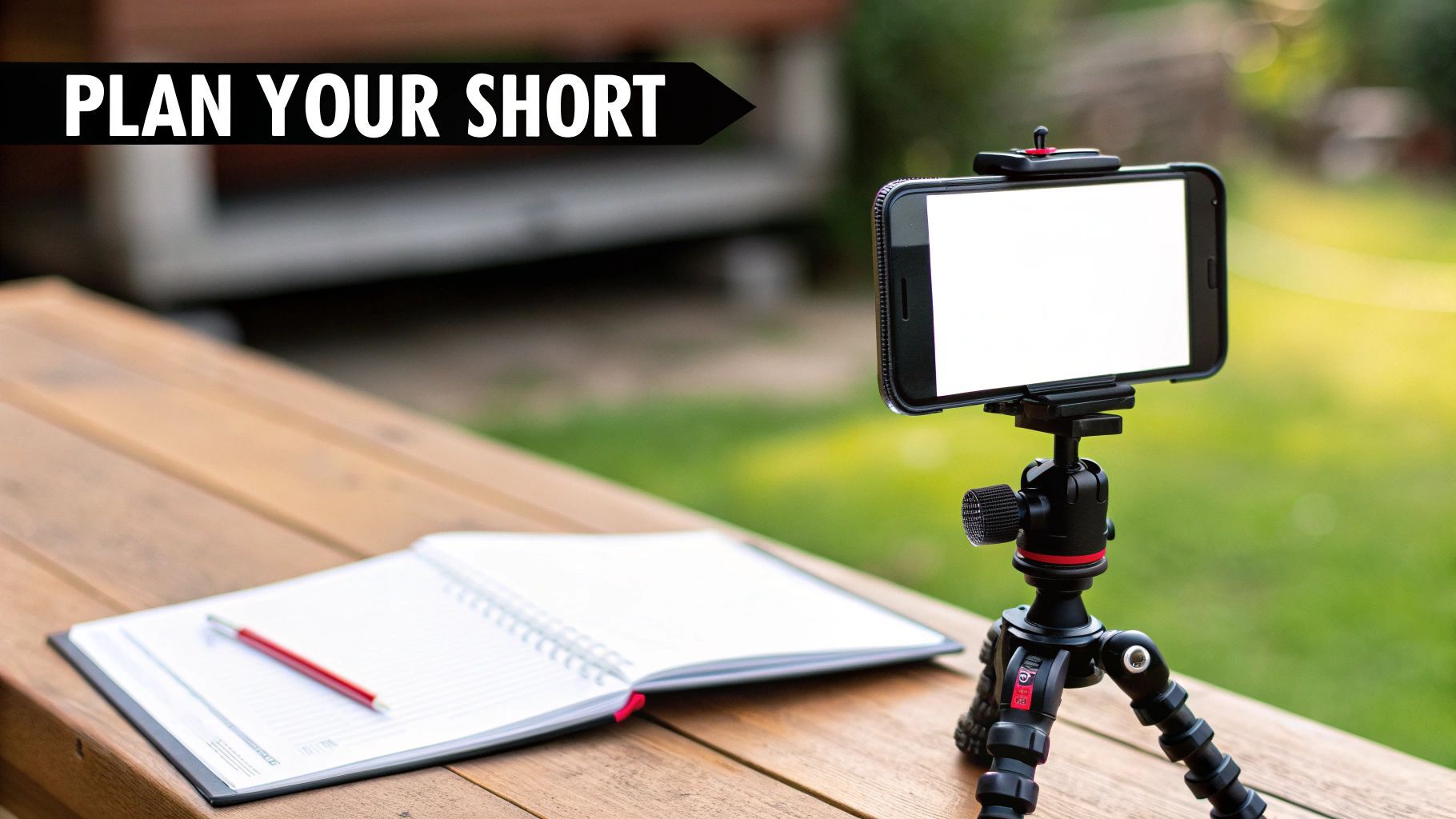 一个人用笔记本和笔为 YouTube Short 头脑风暴想法。