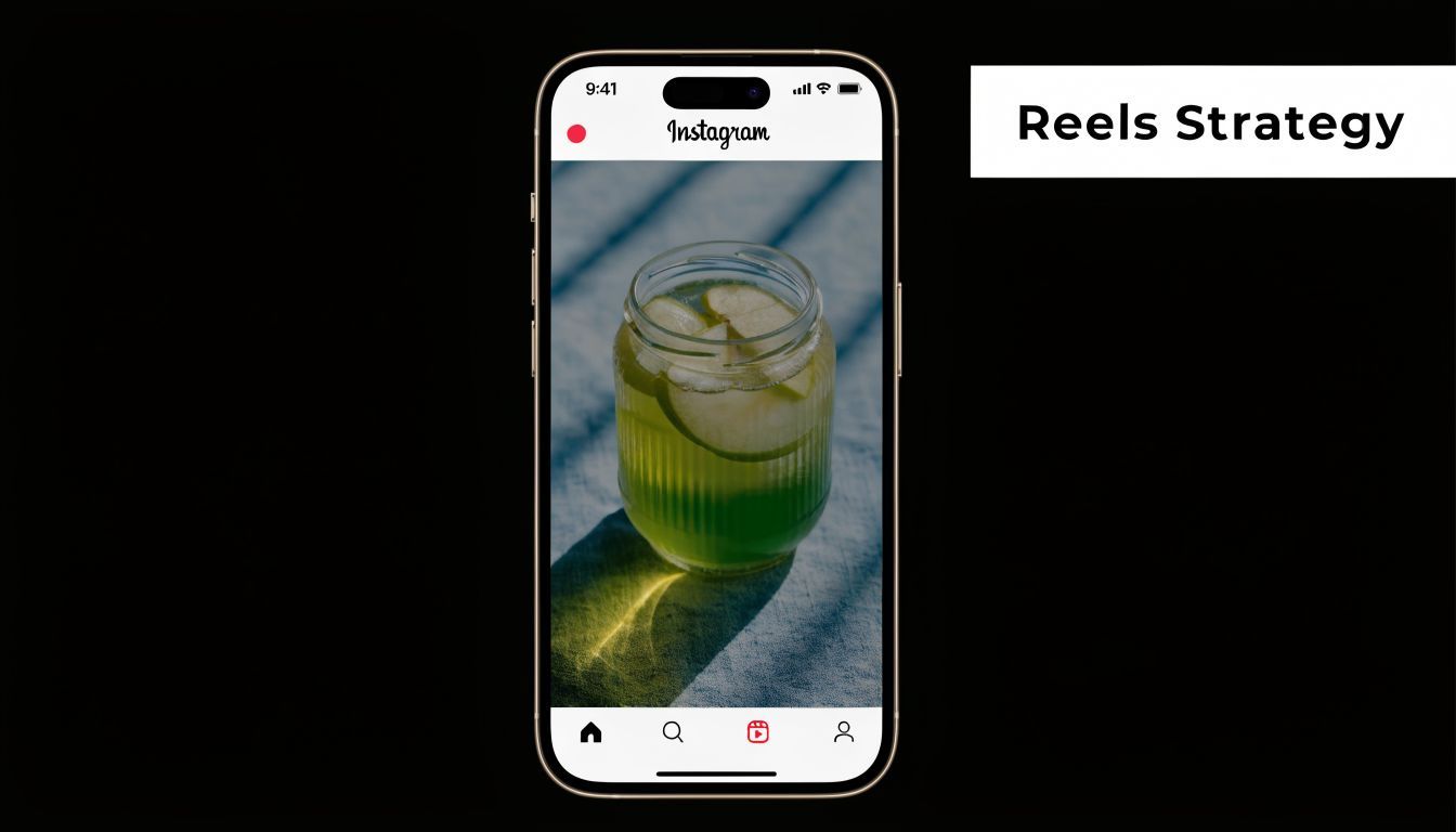En smartphone, der viser Instagram-app-interface med et glas grønt æblejuice på skærmen.
