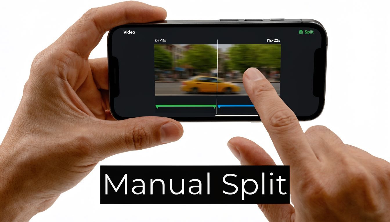 En person, der bruger en smartphone til manuelt at splitte et videoklip til sociale medie Stories.