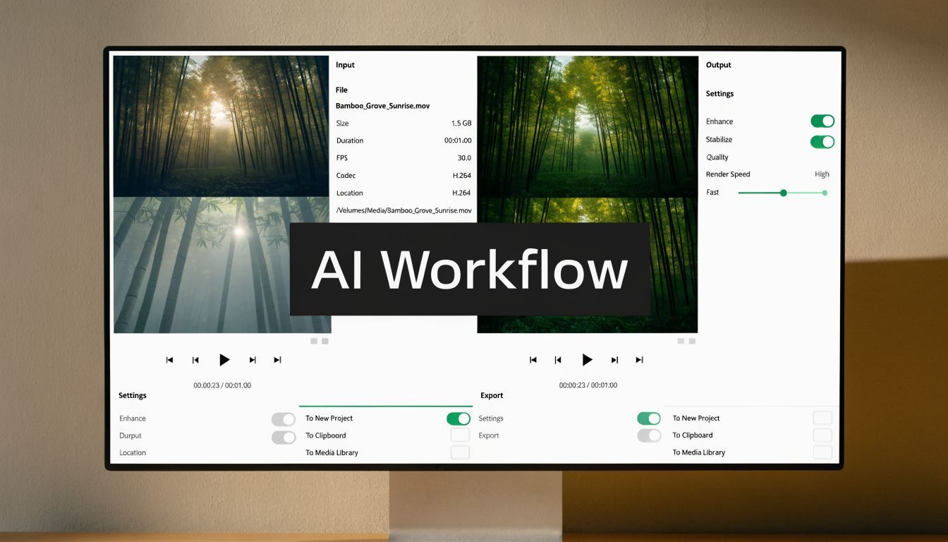 En computerskærm, der viser et video-redigeringssoftware-interface designet til at behandle og eksportere videoklip.