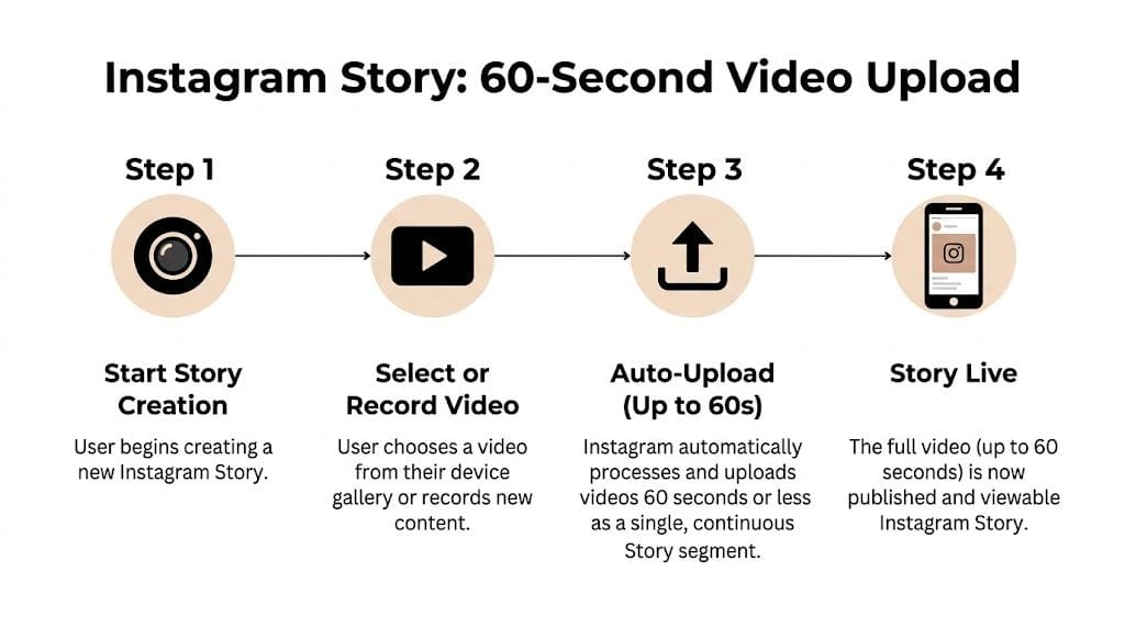 Et fire-trins infografik, der viser processen for at uploade en 60-sekunders video til en Instagram Story.