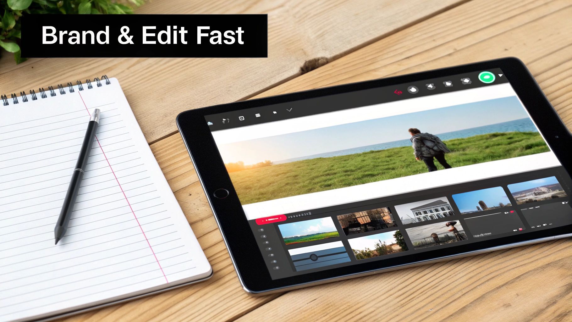 แท็บเล็ตแสดงซอฟต์แวร์ตัดต่อวิดีโอ ข้างสมุดและปากกา พร้อมข้อความ overlay 'Brand & Edit Fast'