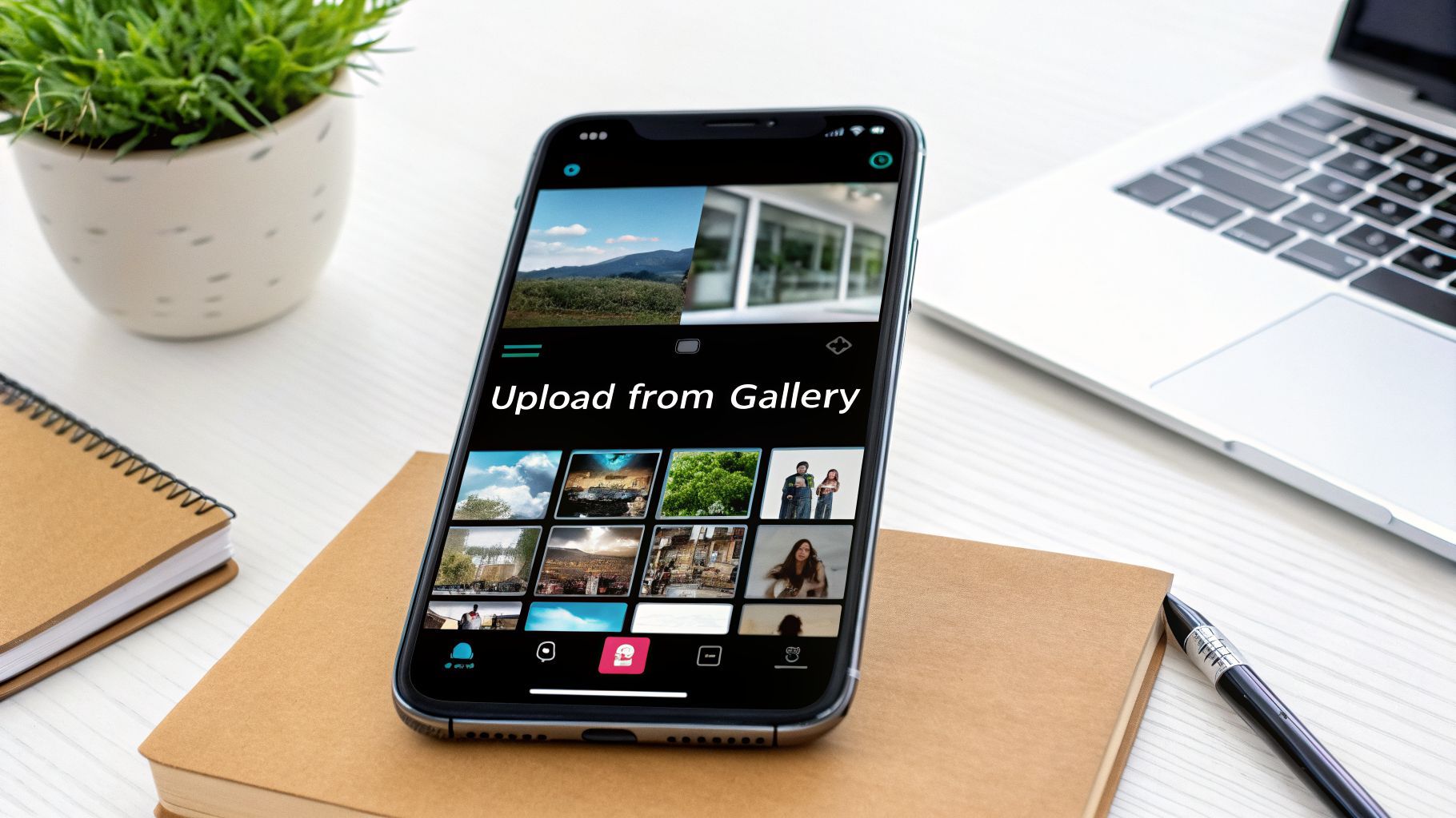 A smartphone displaying a gallery upload screen, resting on a notebook on a white desk with a laptop.