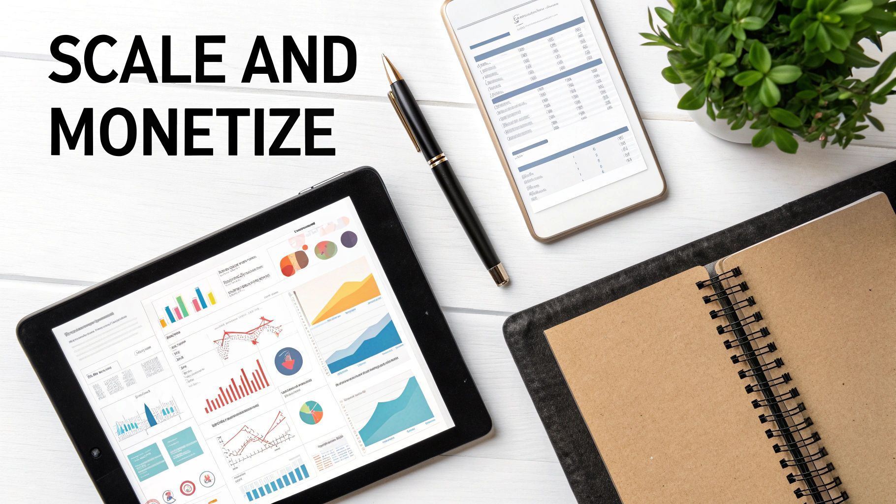 Flat lay af et moderne arbejdsrum med en tablet og smartphone, der viser forretningsdata, ideelt til skalering og monetisering.