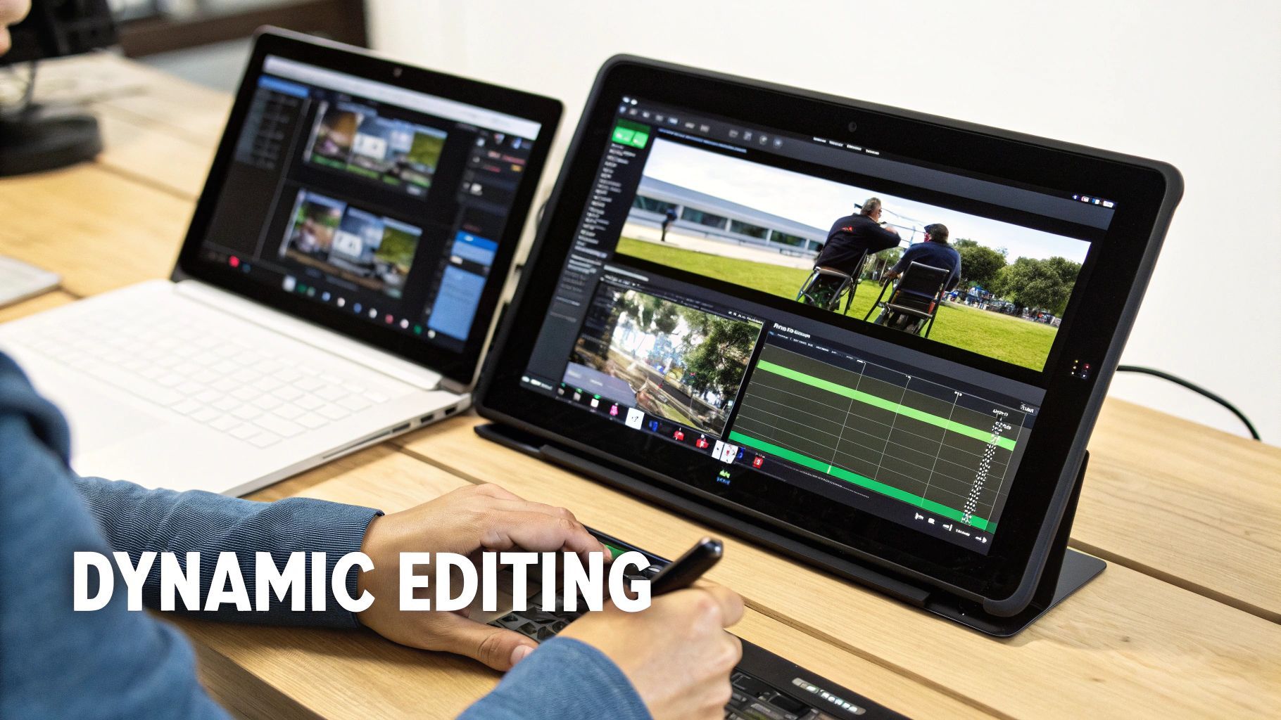 En person, der redigerer videoer på en laptop og tablet ved hjælp af en stylus og specialiseret tastatur.