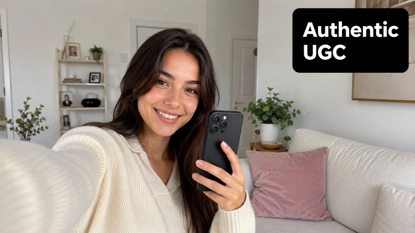Una jove somrient mentre aguanta un smartphone en un ambient de sala d'estar moderna i lluminosa.