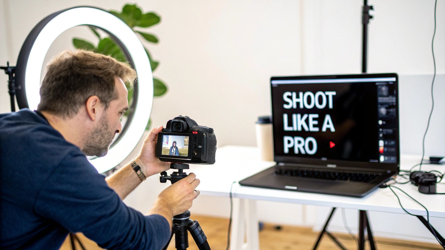 A person editing a video on a laptop, with a smartphone and professional lighting in the background.