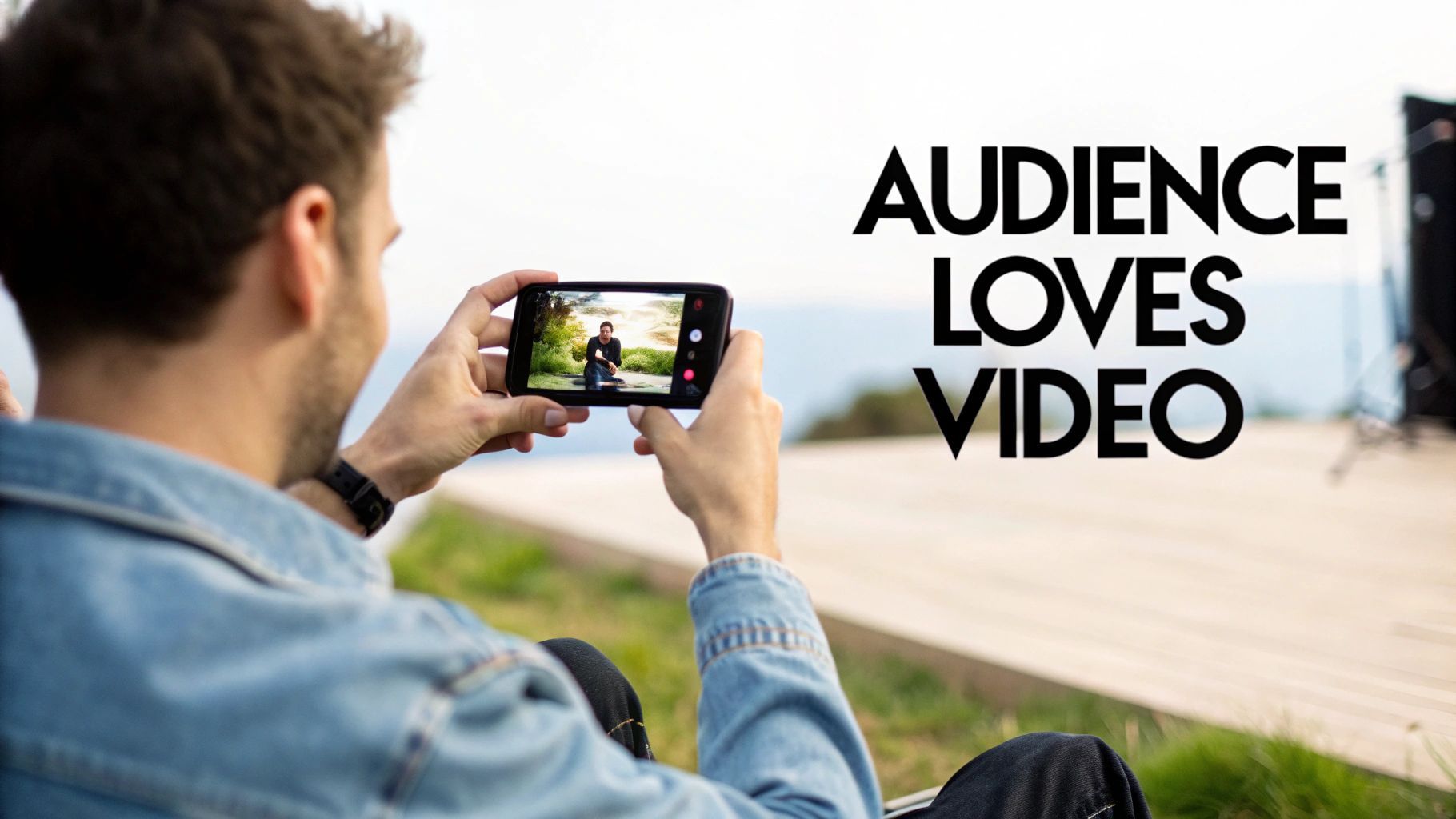 A person using a smartphone to film video content, with social media icons floating around them.