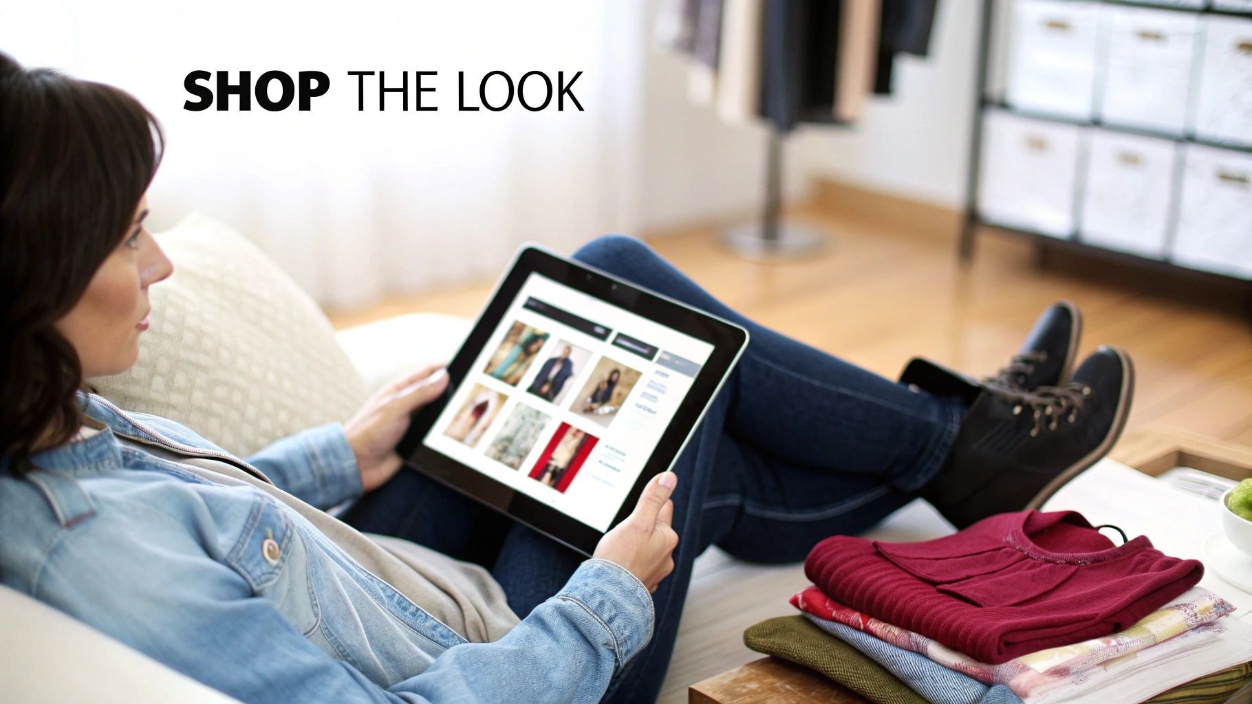Dona repenjada en un sofà, navegant articles de moda en una tauleta, amb roba plegada.