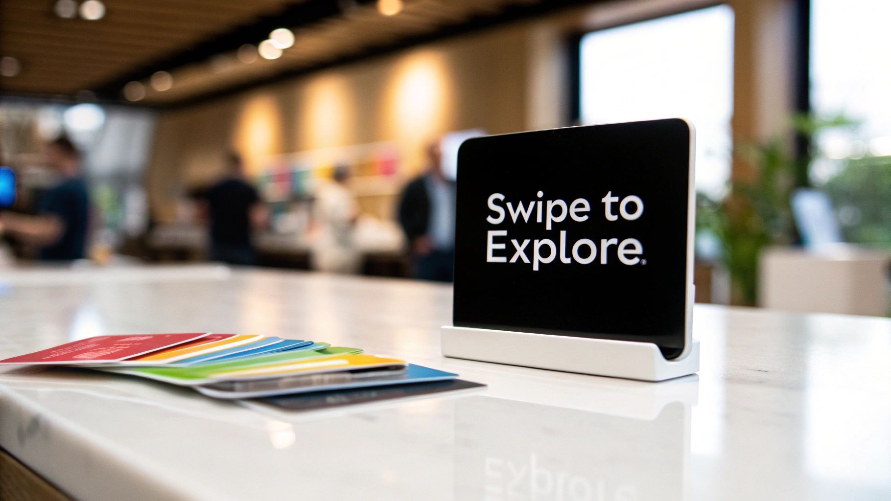 Una pantalla digital elegant mostra "Swipe to Explore" al costat d’una pila de cartes colorides sobre un taulell modern.