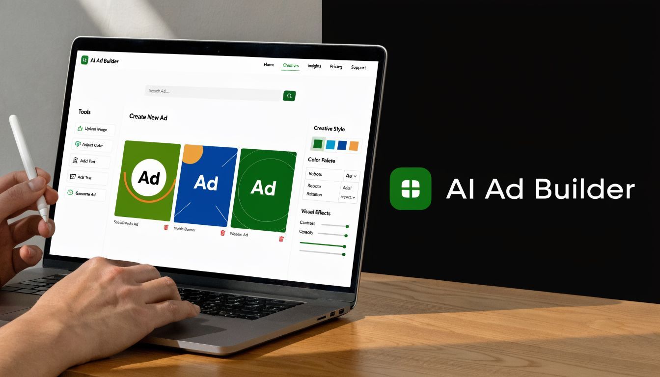 Seseorang menggunakan perangkat lunak pembuat iklan AI di laptop untuk mendesain iklan media sosial.