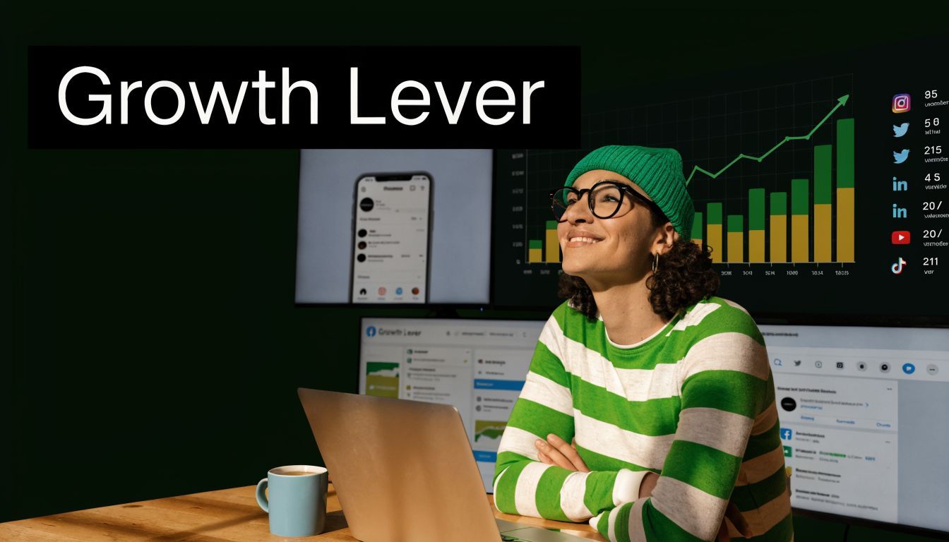 Seorang profesional kreatif tersenyum sambil bekerja di meja dengan beberapa layar komputer yang menampilkan grafik analitik.