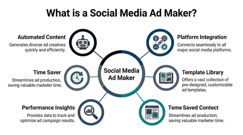 Diagram yang mengilustrasikan fitur utama alat pembuat iklan media sosial, termasuk otomatisasi dan analitik.