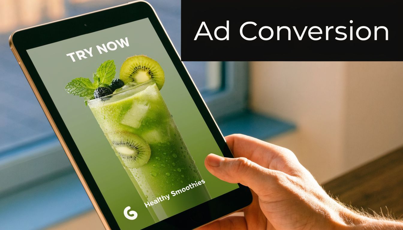 Tangan memegang tablet yang menampilkan iklan promosi untuk smoothie buah hijau yang menyegarkan.
