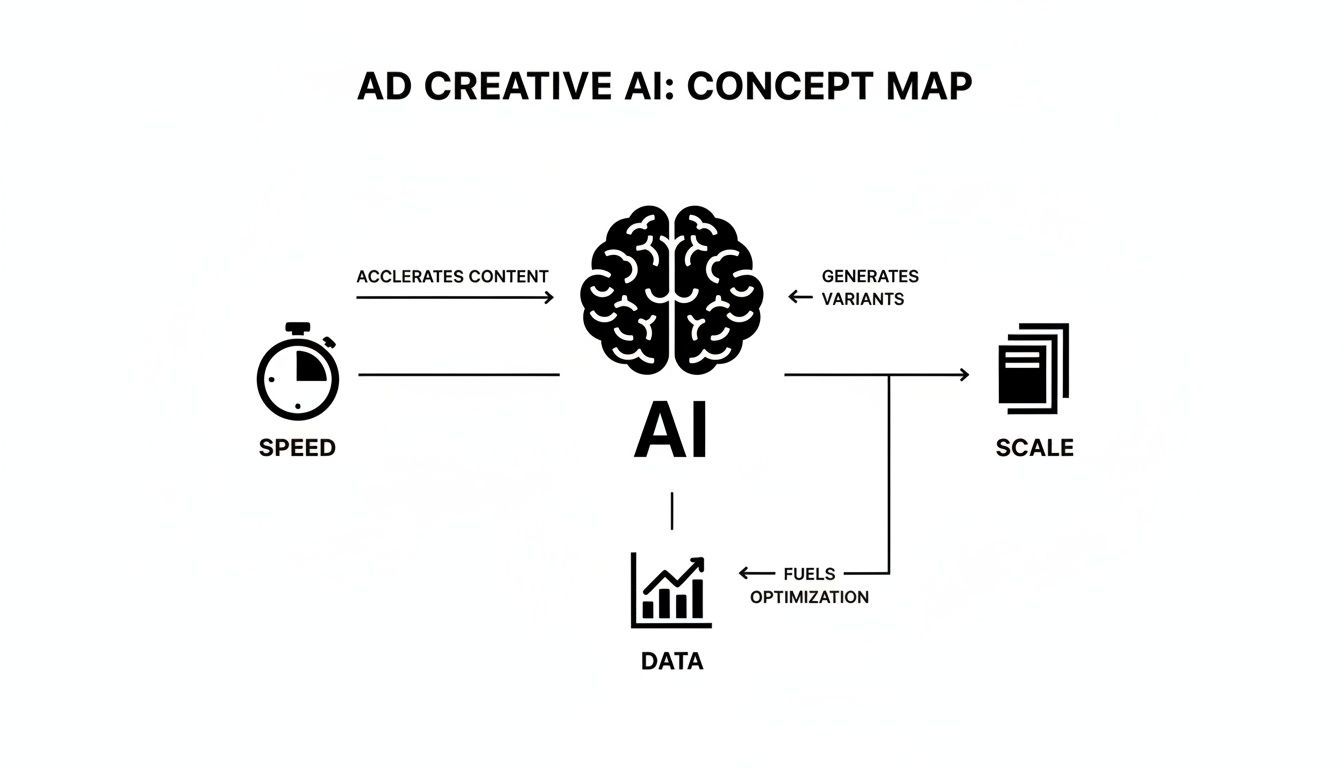 Mapa conceptual que il·lustra com l'IA creativa d'anuncis aprofita la velocitat per generar contingut a escala i optimització de dades.