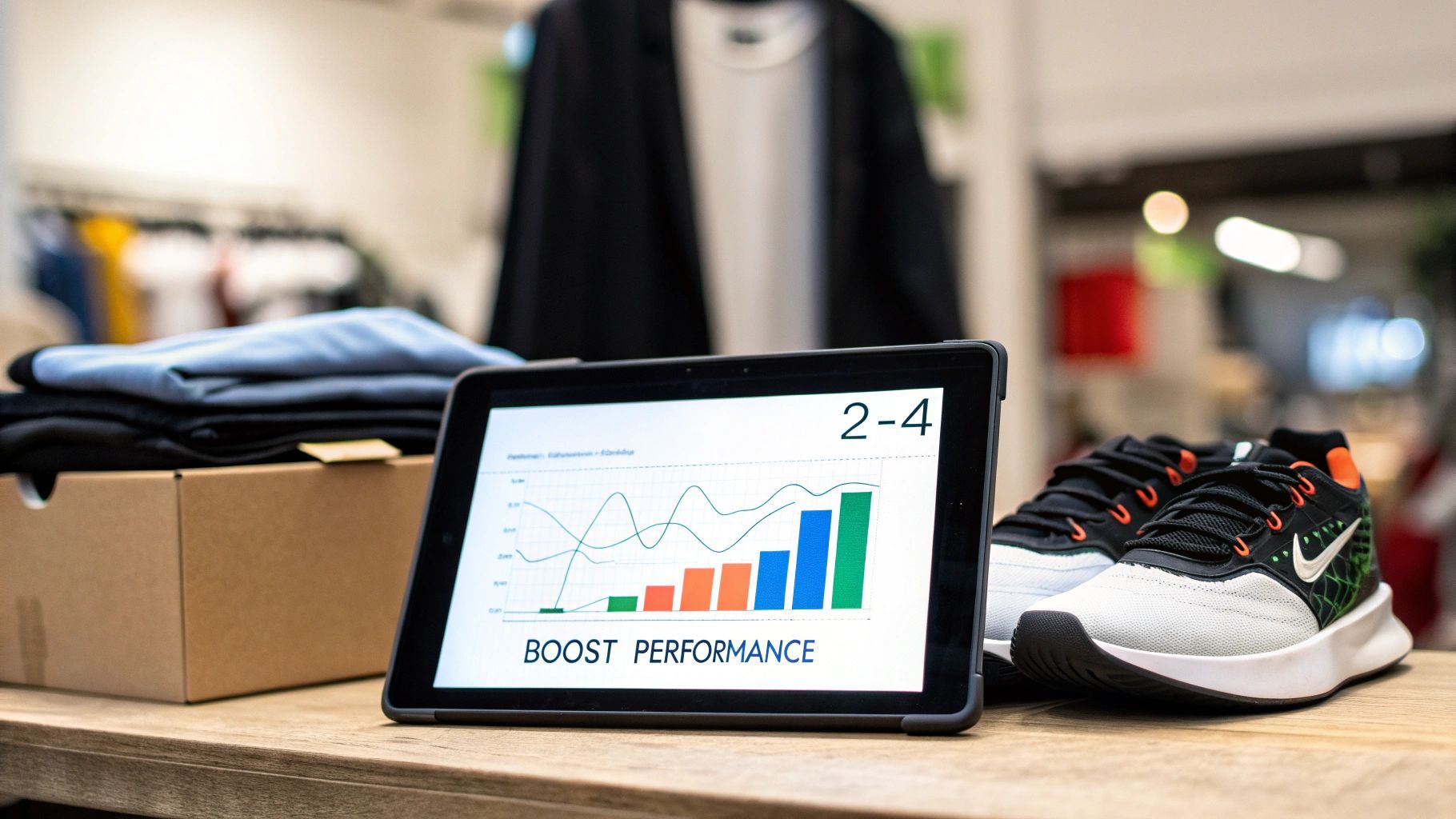 Una tauleta mostra un gràfic 'BOOST PERFORMANCE' al costat de sabates de córrer Nike i roba plegada en un entorn de venda al detall.