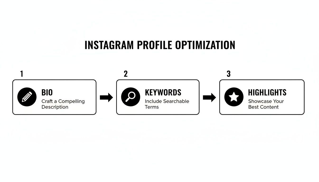 Un flux de treball que delineïa tres passos per l'optimització del perfil d'Instagram: Bio, Paraules clau i Highlights.