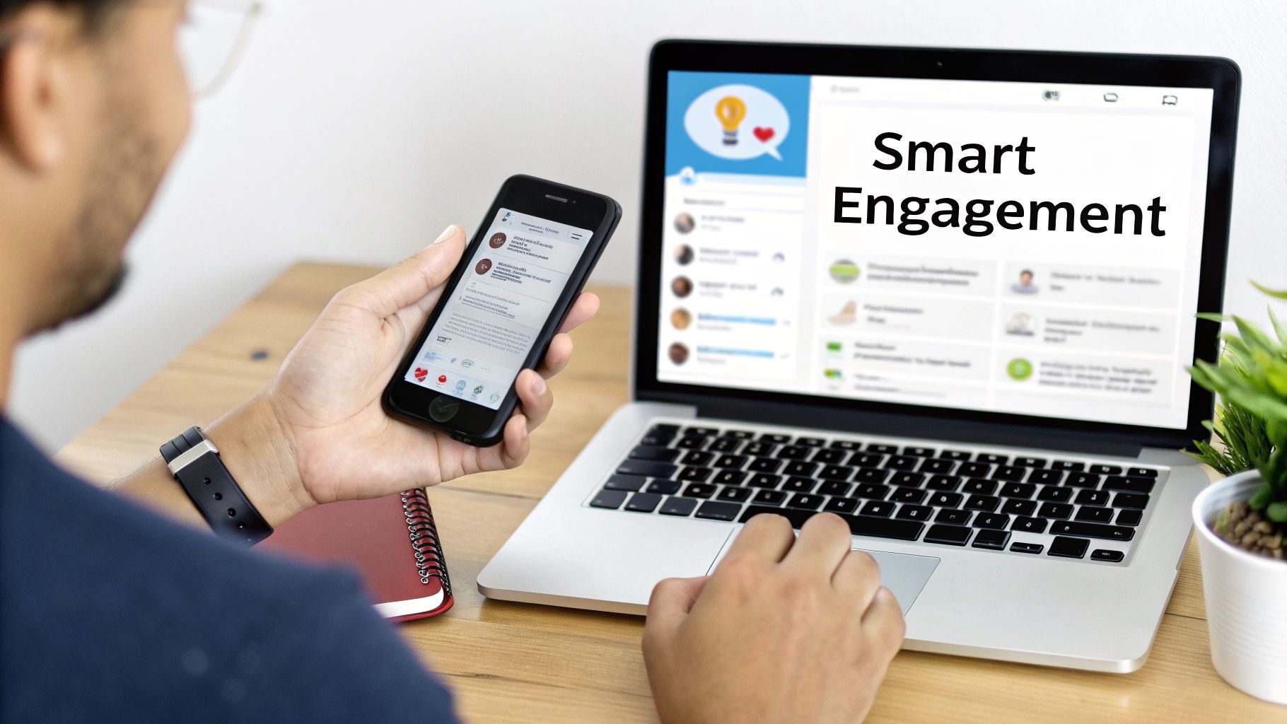 Una persona utilitza un smartphone i un portàtil mostrant 'Smart Engagement' per a comunicació digital.