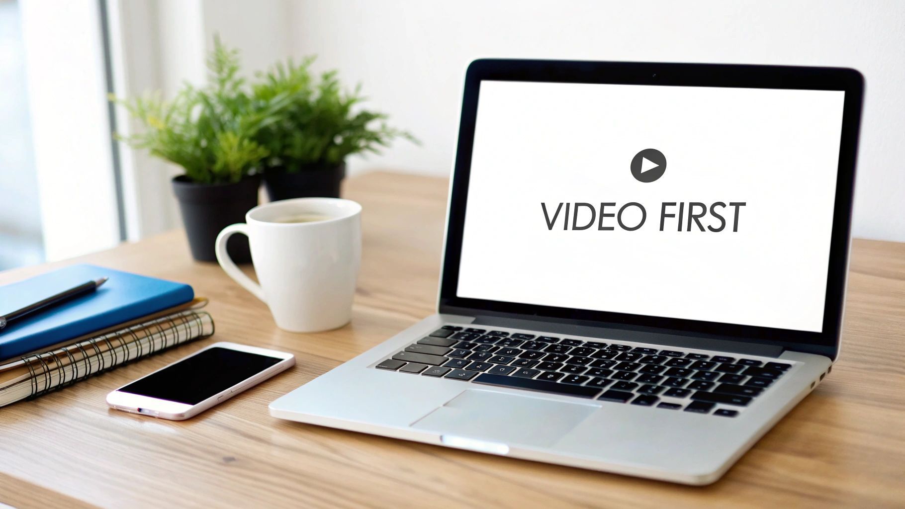 Moderné pracovisko s laptopom zobrazujúcim 'VIDEO FIRST', smartfónom, kávou a rastlinami na drevenom stole.