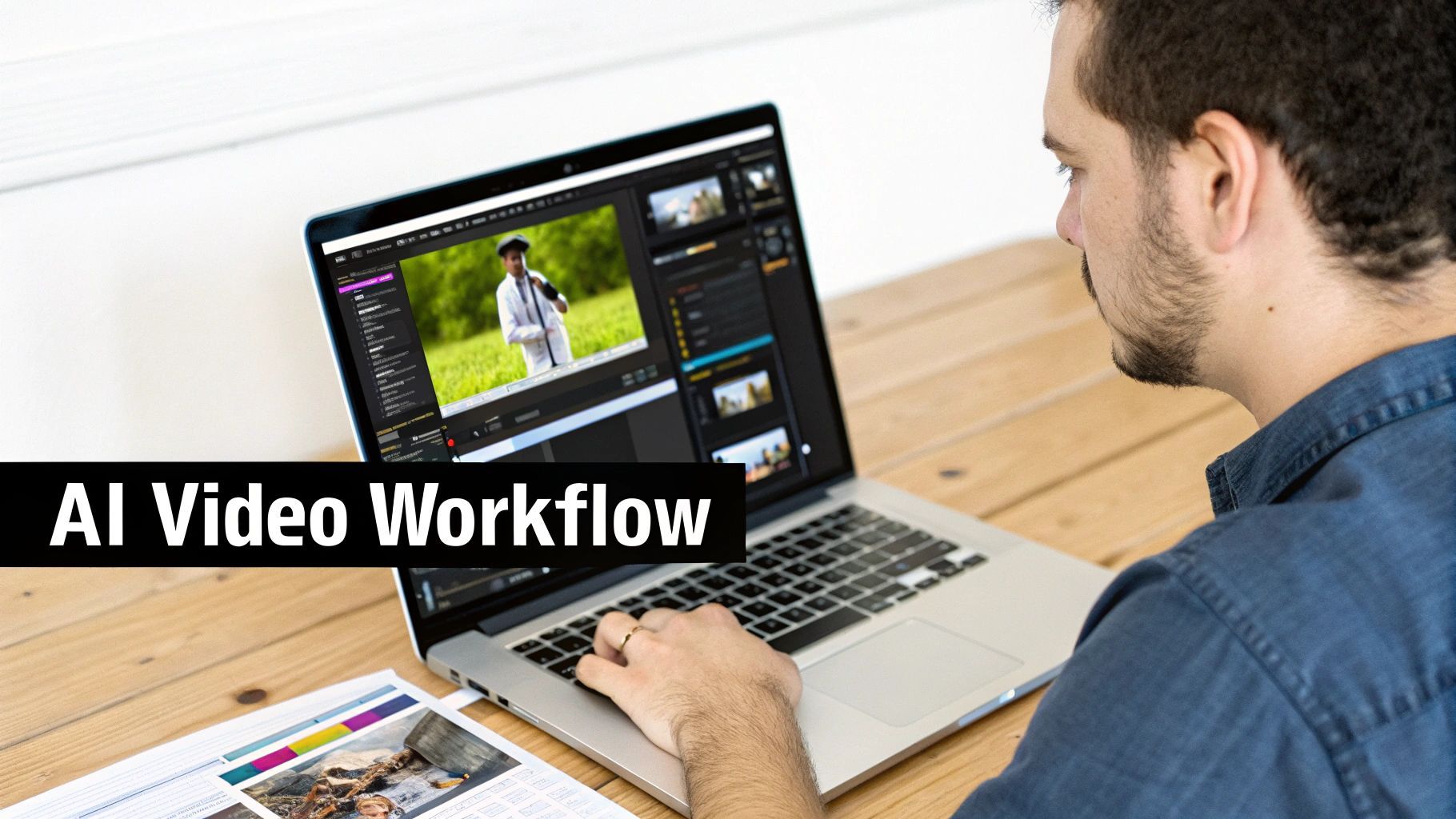 Muž pracuje na laptope zobrazujúcom video editačný softvér s mužom na poli pod textom 'AI Video Workflow'.