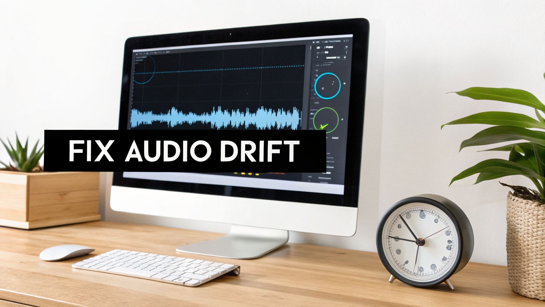 Počítačová obrazovka zobrazuje softvér na strihanie zvuku s vlnovými tvarmi a textom 'FIX AUDIO DRIFT' na drevenom stole.
