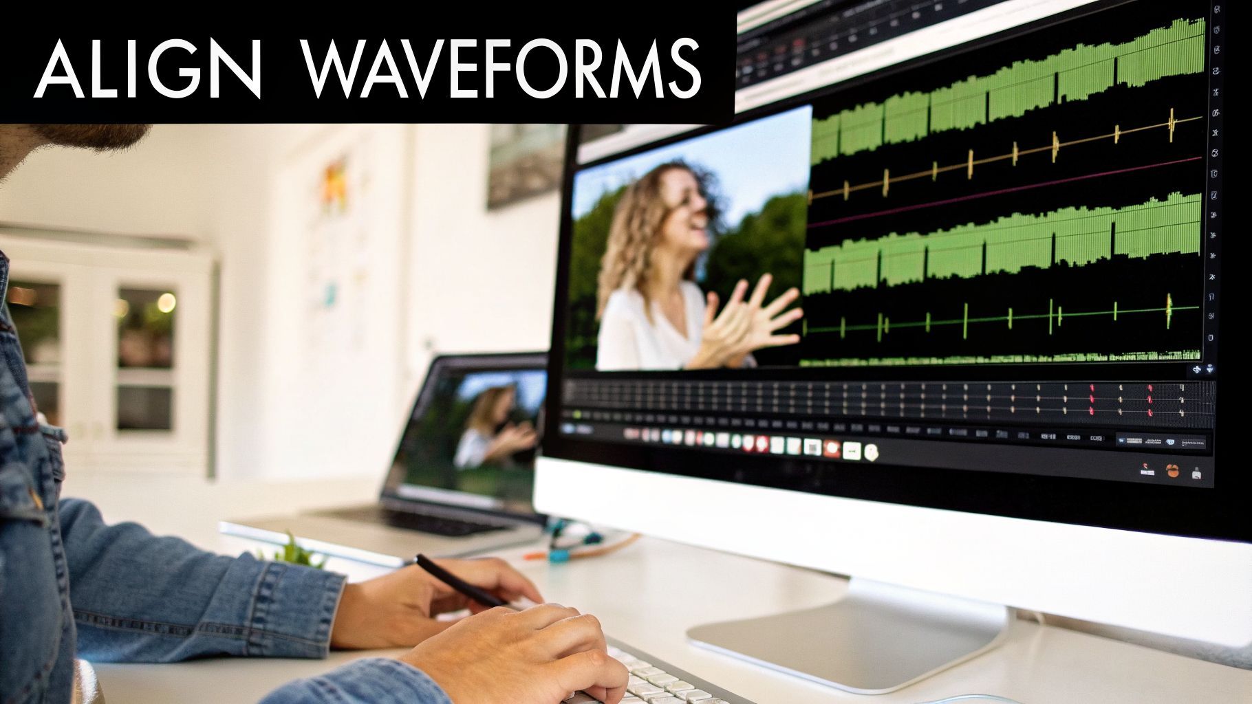 Osoba strihá video na počítačovej obrazovke zobrazujúcej smiajúcu sa ženu a zvukové vlnové tvary.