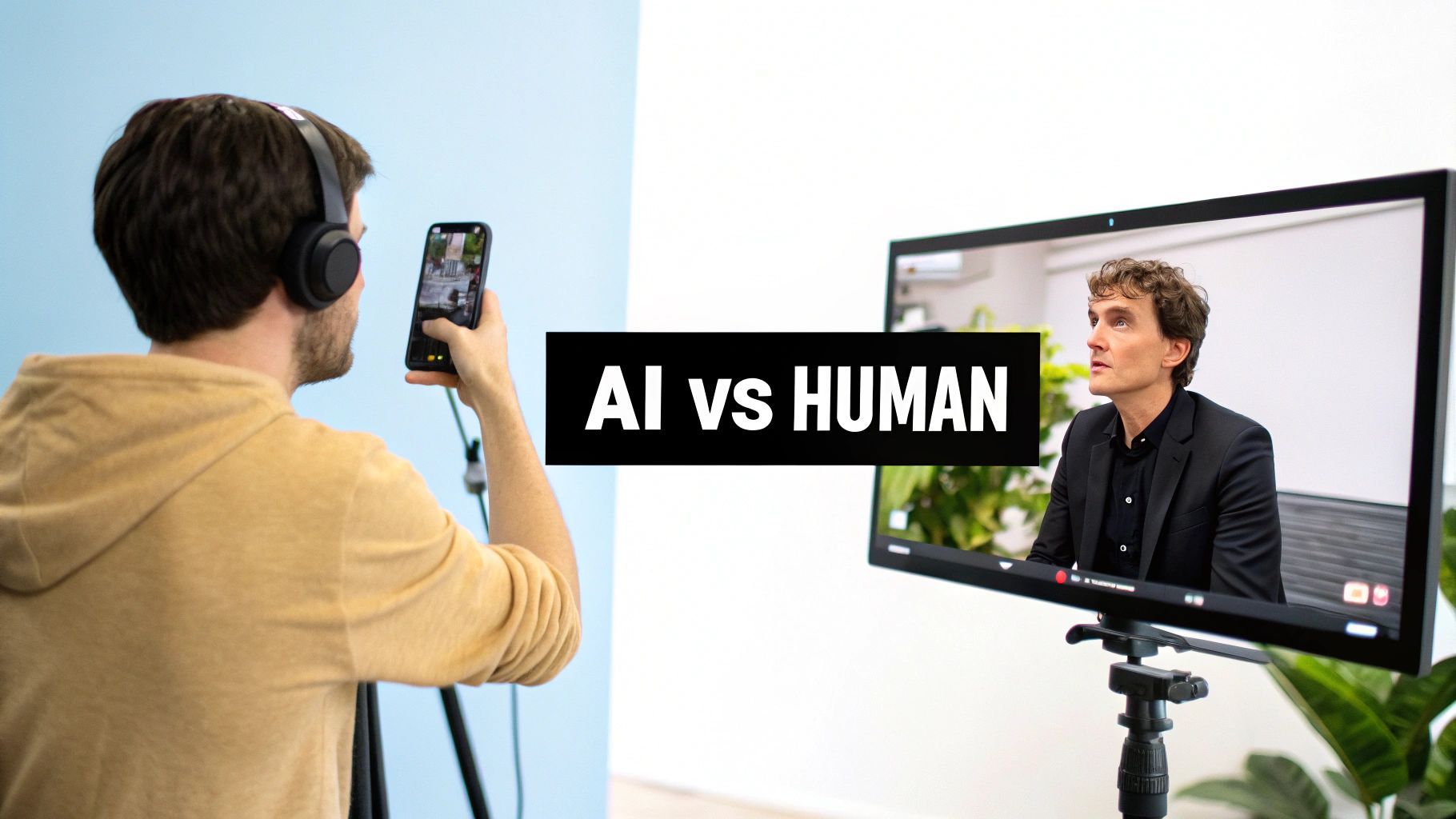 Una persona filma una pantalla que mostra un home, amb text superposat 'AI vs HUMAN', destacant el debat.