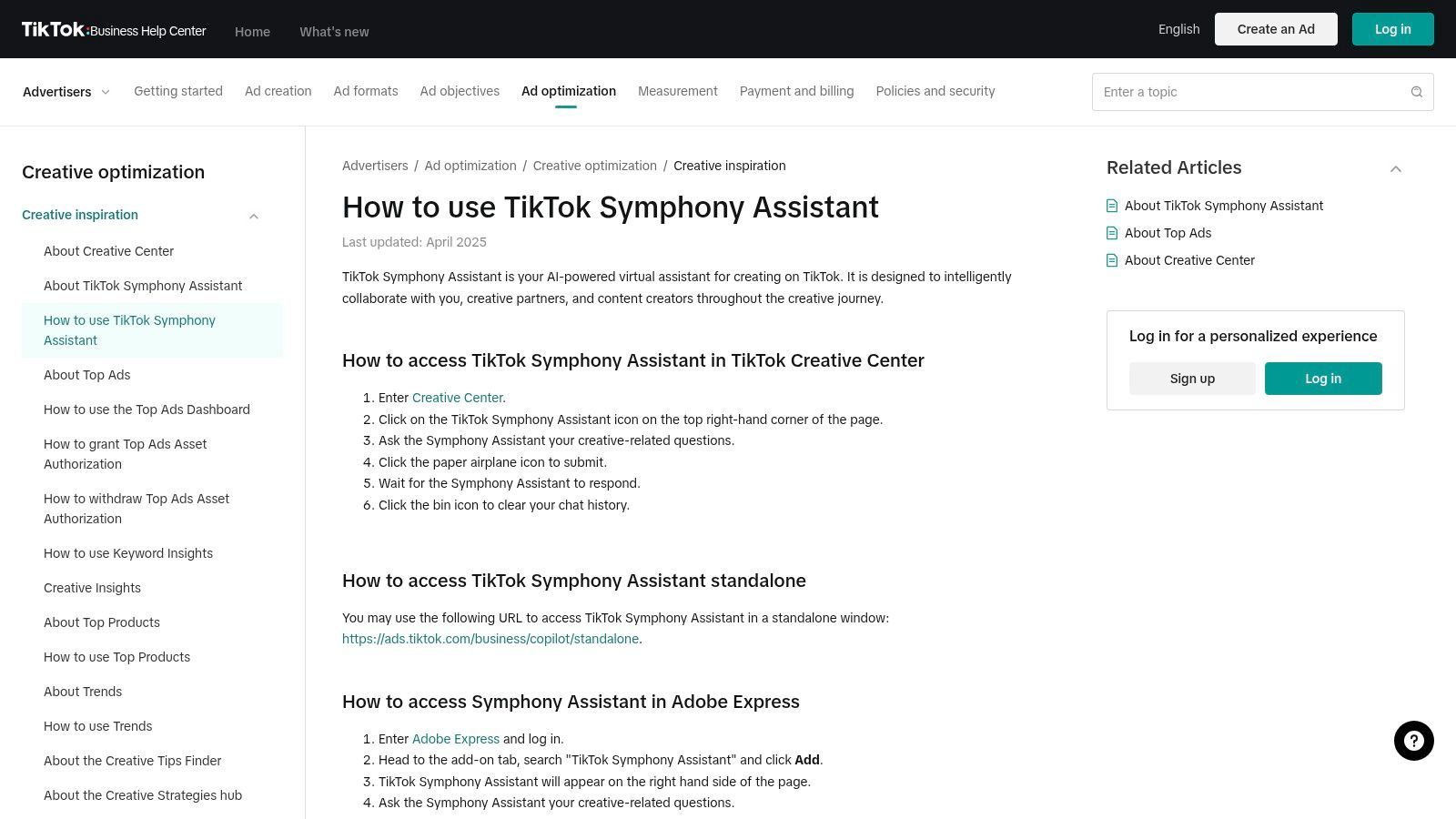 TikTok Symphony (Creative Center + Assistant)