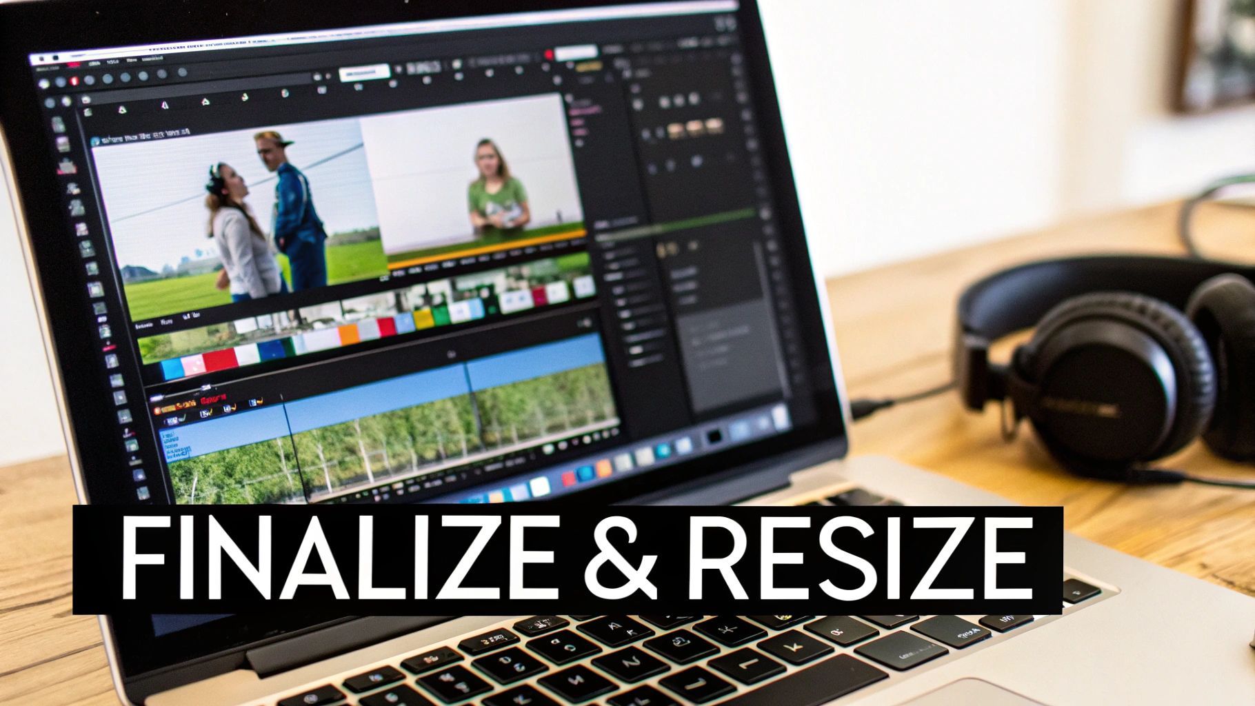 Laptop wyświetla oprogramowanie do edycji wideo z klipami, a słuchawki spoczywają na drewnianym stole.