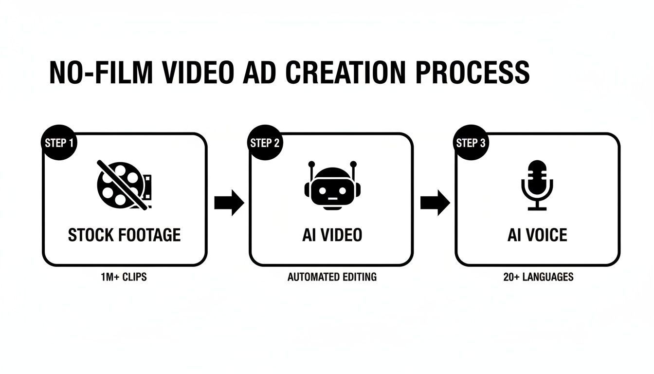 Trzyetapowy diagram ilustruje proces tworzenia reklamy wideo bez filmowania, używając nagrań stockowych, wideo AI i voiceoveru AI.