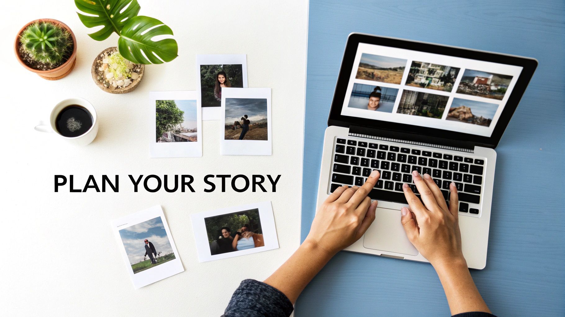 A person at a desk storyboarding a video with sticky notes and photos.