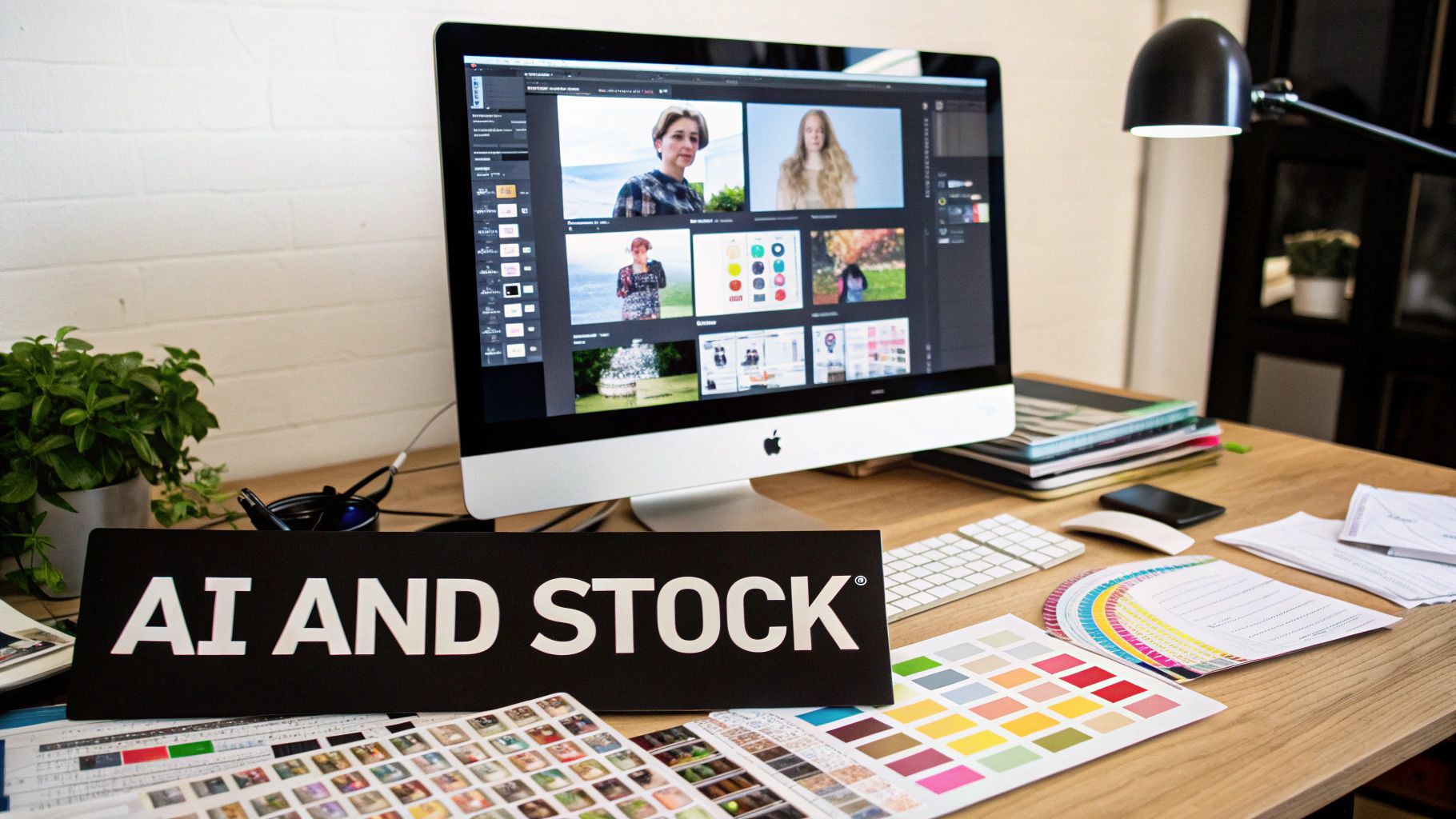 Un espace de travail professionnel avec un iMac Apple affichant un logiciel de retouche d'images, des outils de design et un panneau 'AI AND STOCK'.