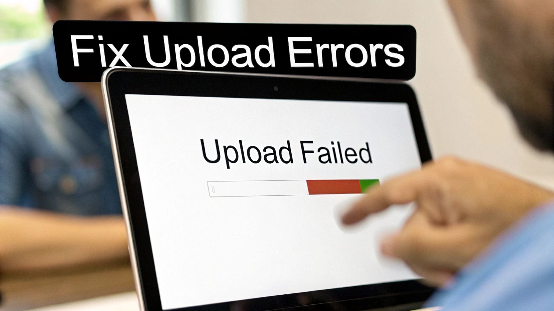 Ruka člověka ukazující na obrazovku notebooku zobrazující „Upload Failed“ s bannerem „Fix Upload Errors“.
