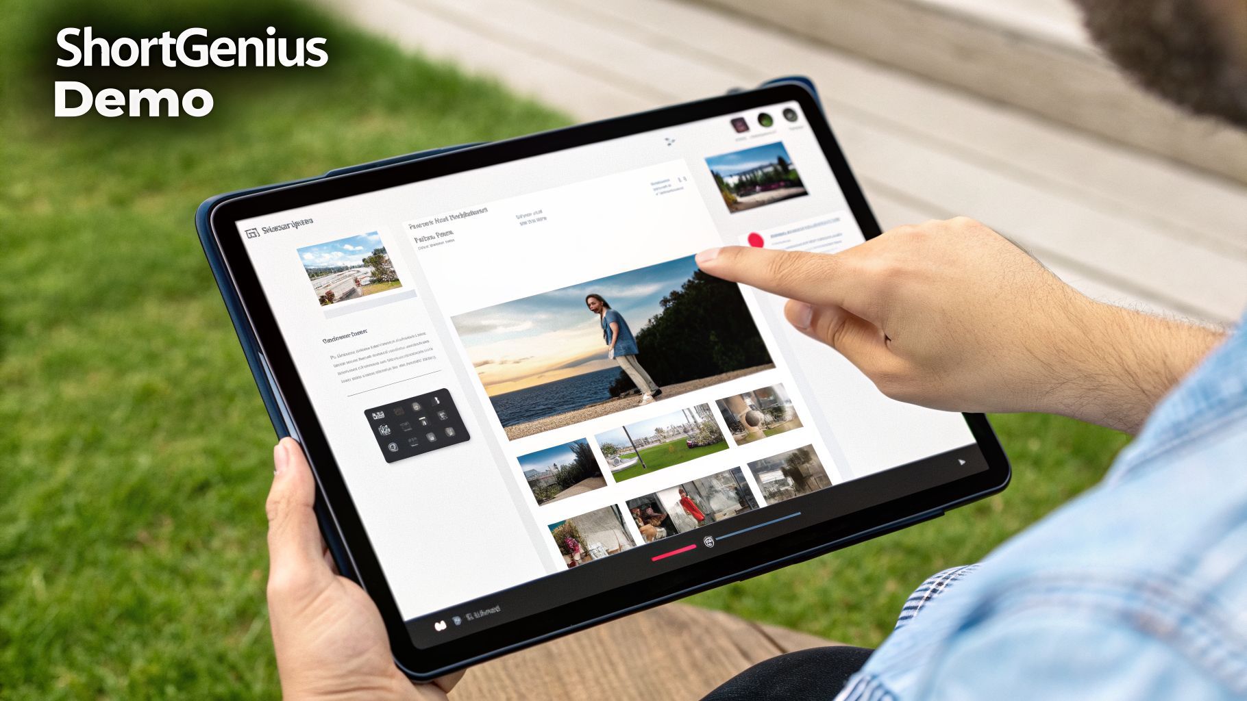 Osoba interaguje s tabletom zobrazujúcim galériu fotiek a obsah z 'ShortGenius Demo' vonku.