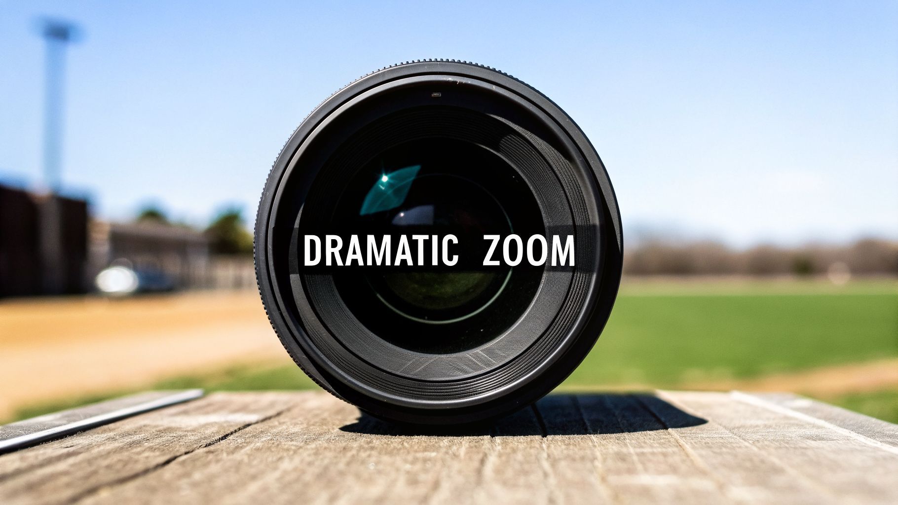 عدسة كاميرا سوداء تعرض 'DRAMATIC ZOOM' على سطح خشبي مع خلفية خارجية مشوشة.
