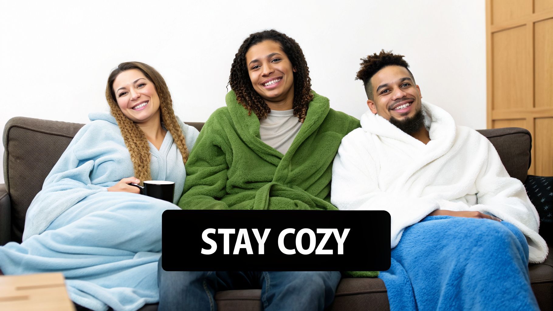 Three happy friends in cozy robes and blankets relaxing on a sofa, smiling.