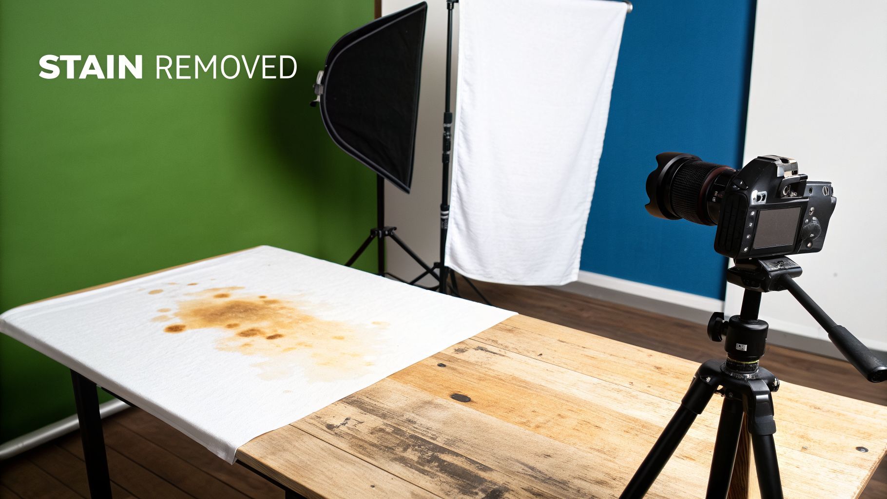 A product photography setup with a camera on a tripod, a stained white cloth on a wooden table, and studio lighting.
